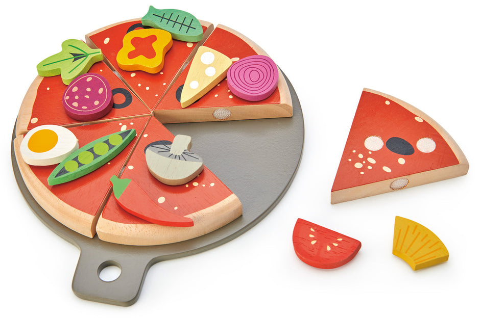 Houten speelgoedpizza met snijstukken, Tender Leaf