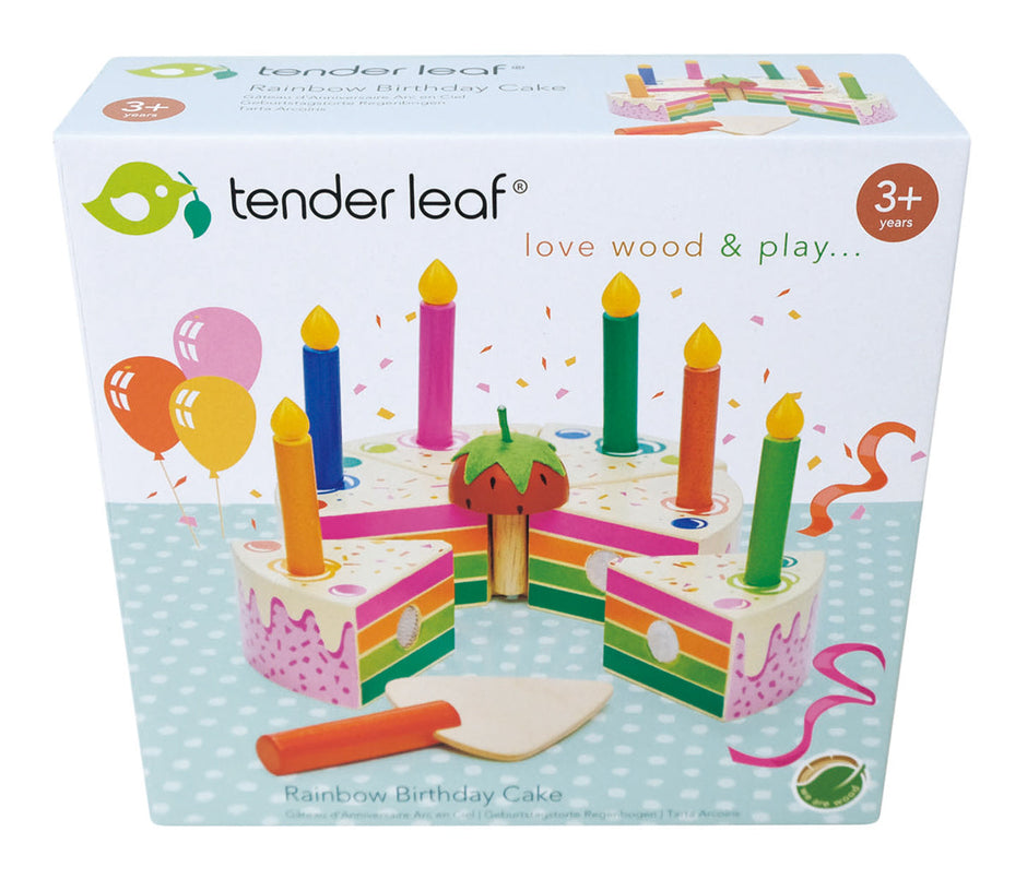 Houten speelgoedtaart, regenboogkleuren, Tender Leaf, verpakking