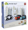 Set van drie houten eco-speelgoedauto's, Tender Leaf, verpakking