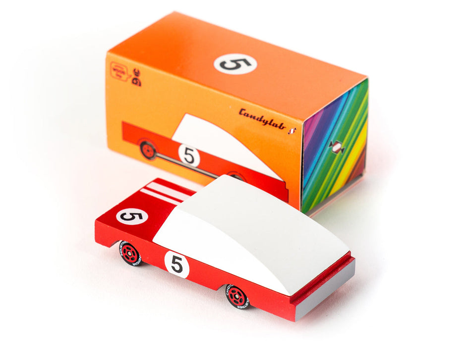 Houten raceauto, Candycar, detailfoto