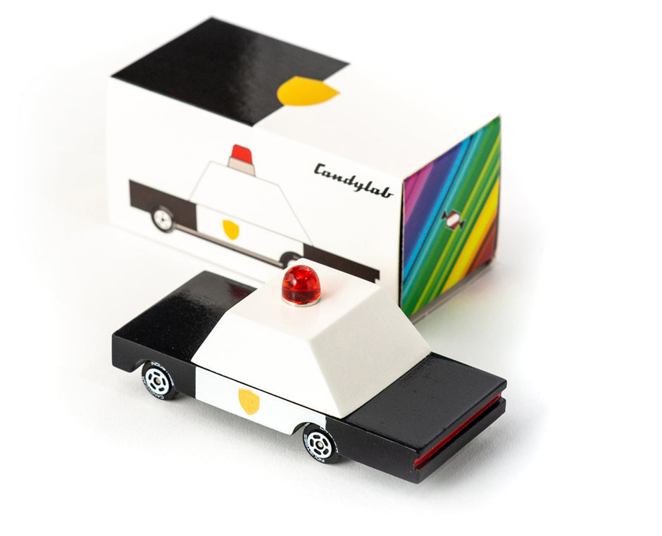 Houten politieauto, Candycar, detailfoto