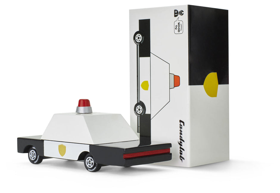 Houten politieauto, Candycar, detailfoto