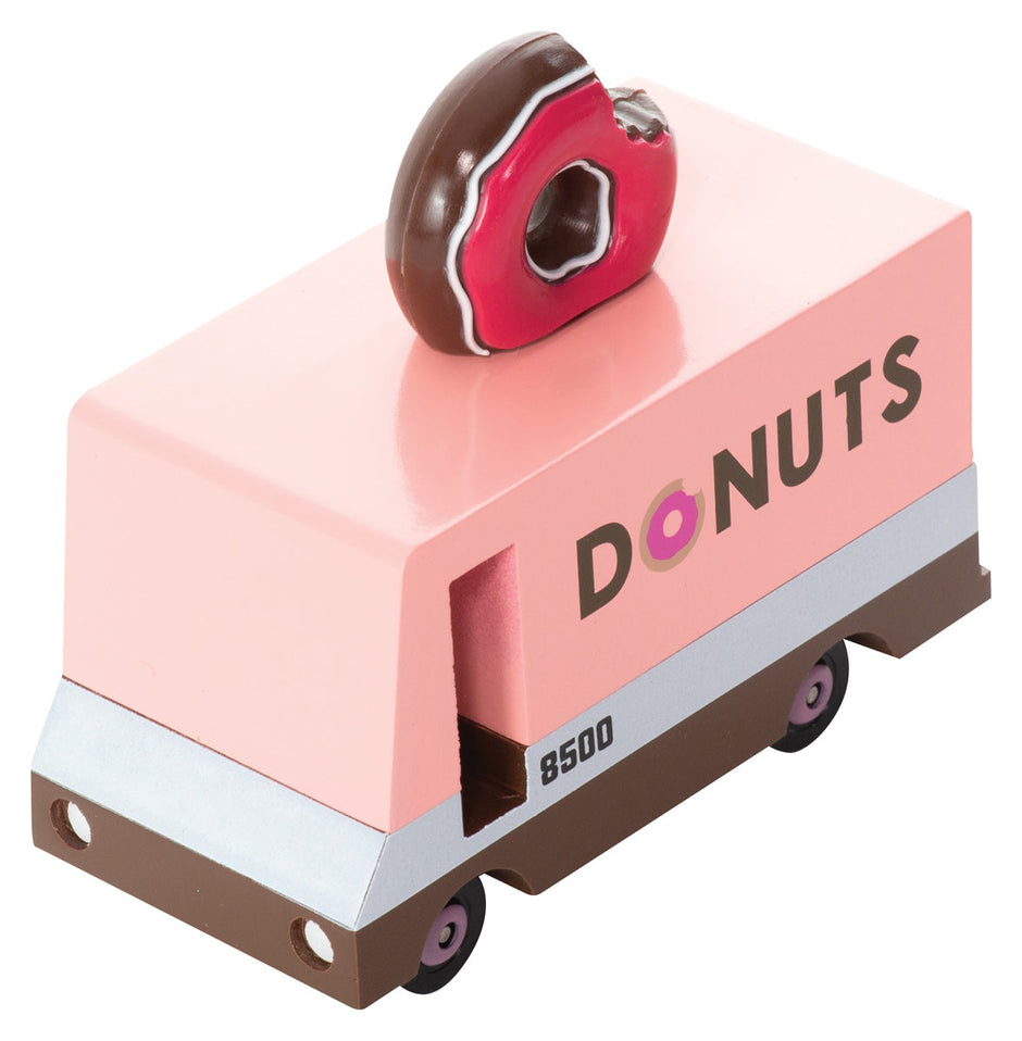 Houten speelgoedauto met donut-thema, Candycar, detailfoto