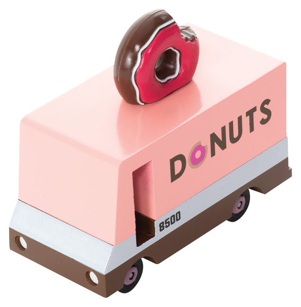 Houten speelgoedauto met donut-thema, Candycar, detailfoto