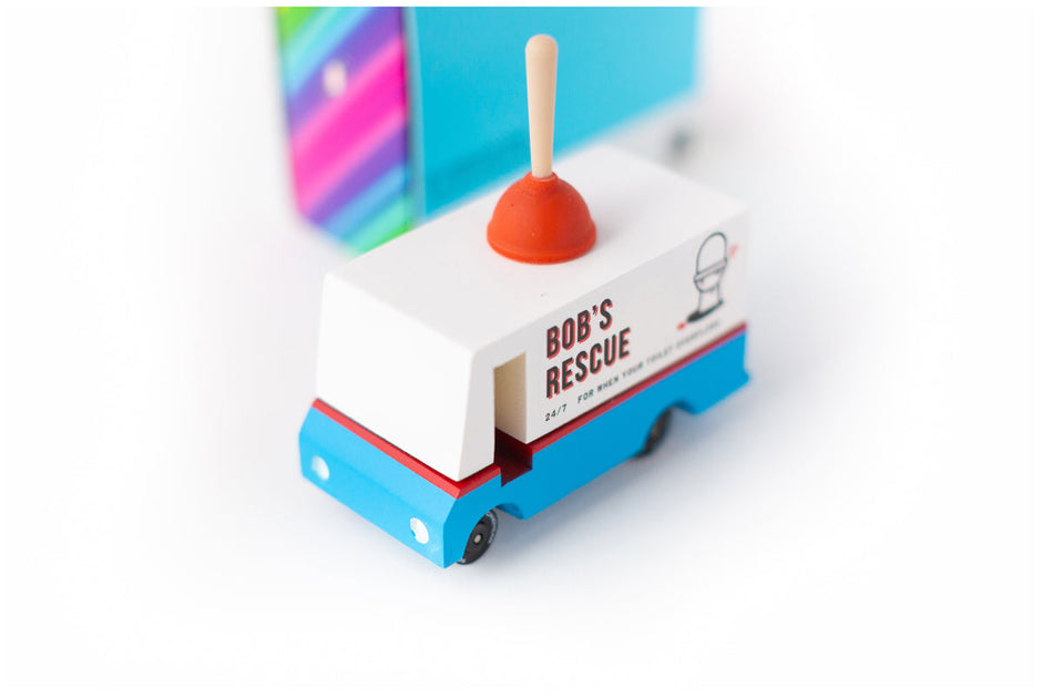 Houten speelgoed loodgietersbusje, Candycar, detailfoto