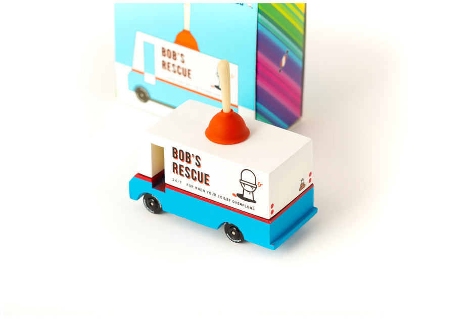 Houten speelgoed loodgietersbusje, Candycar, detailfoto