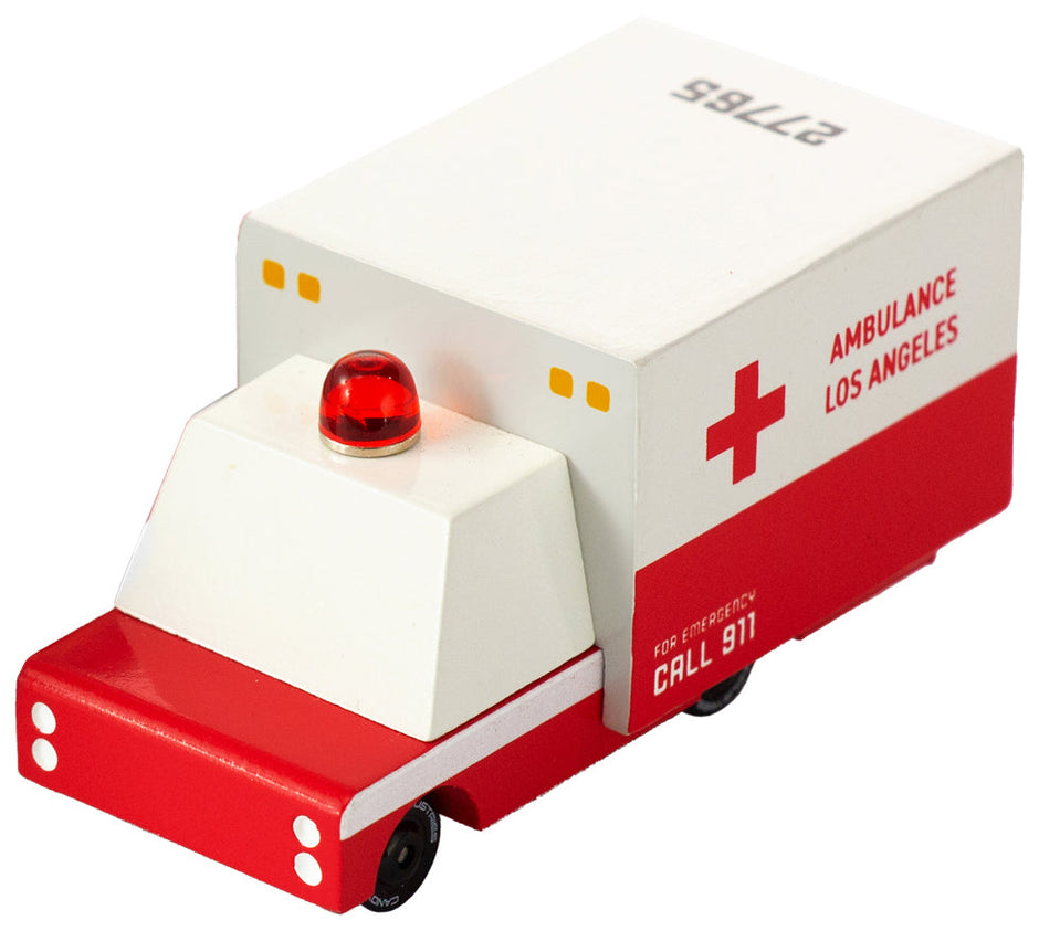 Houten ambulancebusje, Candycar, detailfoto