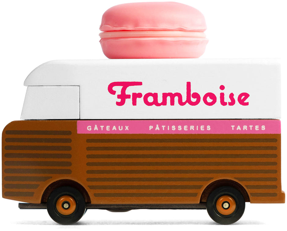 Houten speelgoedbusje, Candycar, roze macaron-ontwerp